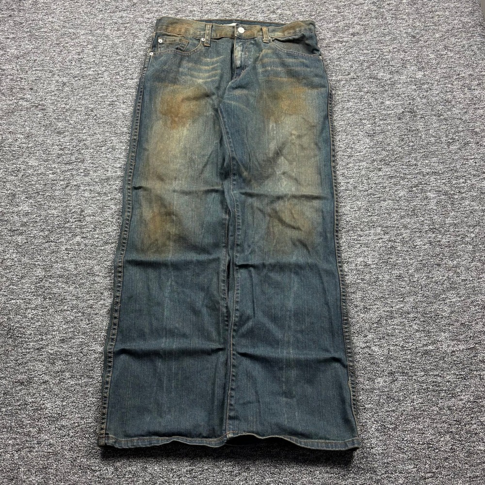 Y2K Division E Grunge Baggy Wide Leg Dirt Wash Distressed Blue Jeans Size 33